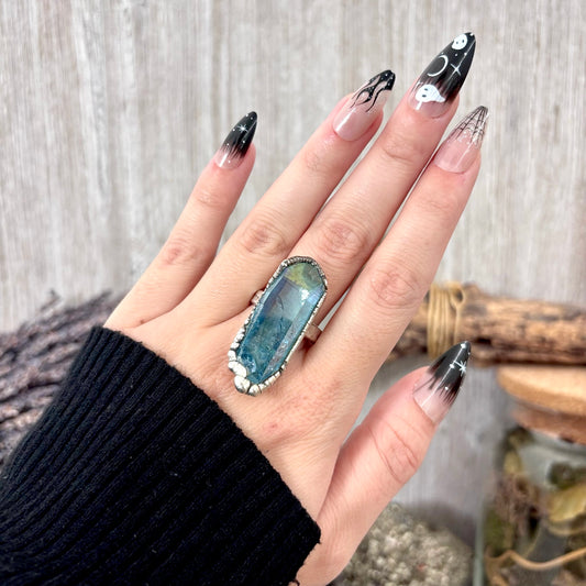 Aqua Aura Quartz Crystal Ring Set in Fine Silver Size 9 / Foxlark Collection - One of a Kind