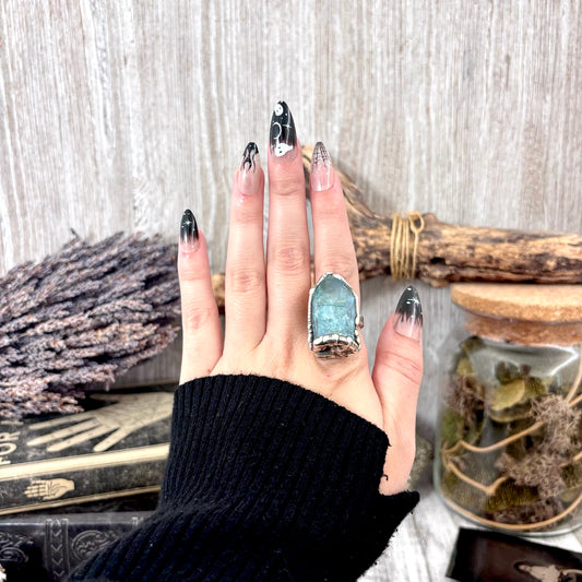 Aqua Aura Quartz Crystal Ring Set in Fine Silver Size 7.5 / Foxlark Collection - One of a Kind