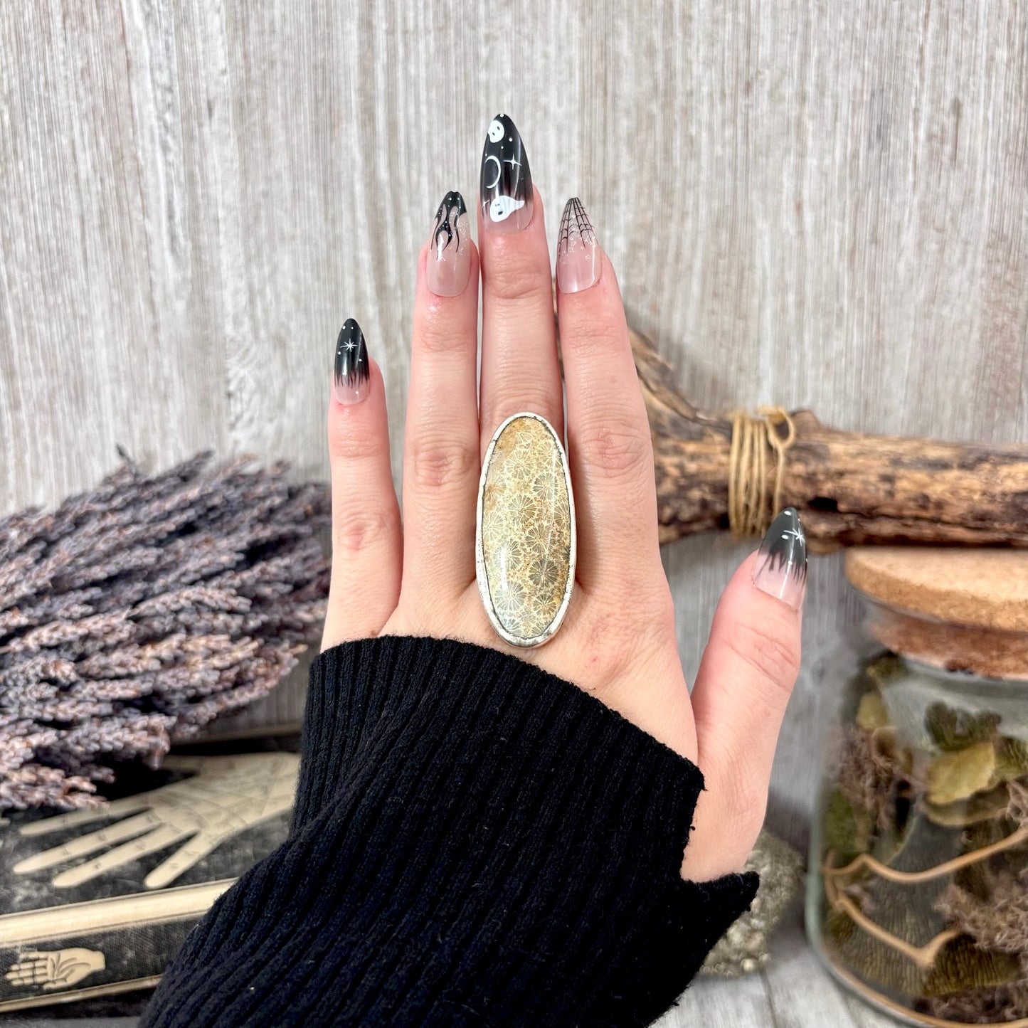 Fossilized Coral Crystal Ring Fine Silver Size 9 / Foxlark Collection - One of a Kind