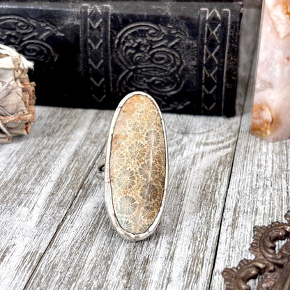 Fossilized Coral Crystal Ring Fine Silver Size 9 / Foxlark Collection - One of a Kind