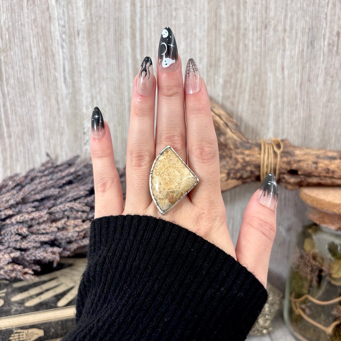 Fossilized Coral Crystal Ring Fine Silver Size 9 / Foxlark Collection - One of a Kind