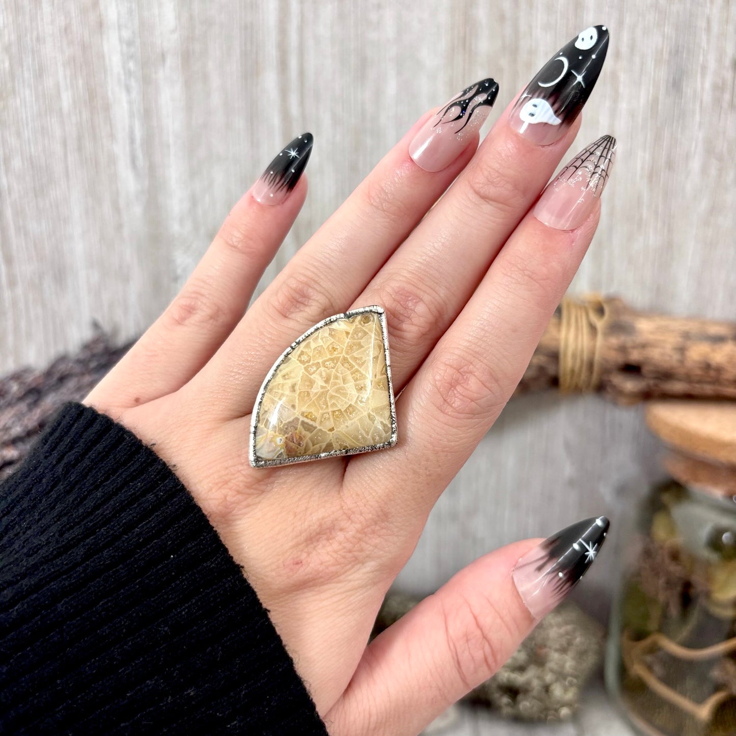 Fossilized Coral Crystal Ring Fine Silver Size 9 / Foxlark Collection - One of a Kind