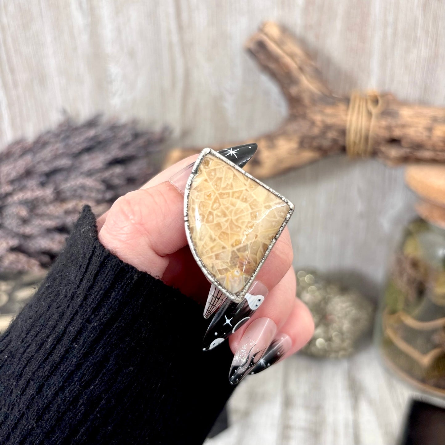 Fossilized Coral Crystal Ring Fine Silver Size 9 / Foxlark Collection - One of a Kind