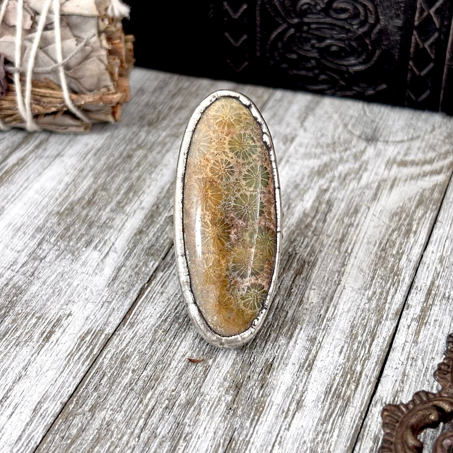 Fossilized Coral Crystal Ring Fine Silver Size 10 / Foxlark Collection - One of a Kind