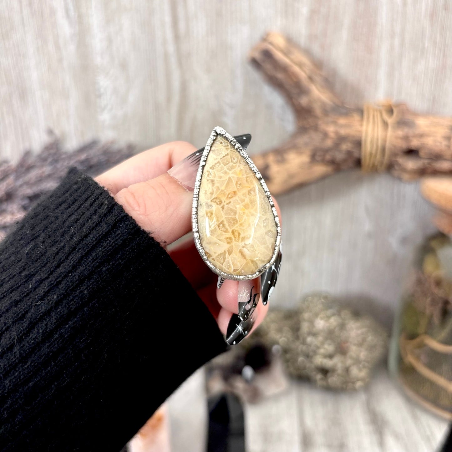 Fossilized Coral Crystal Ring Fine Silver Size 8 / Foxlark Collection - One of a Kind