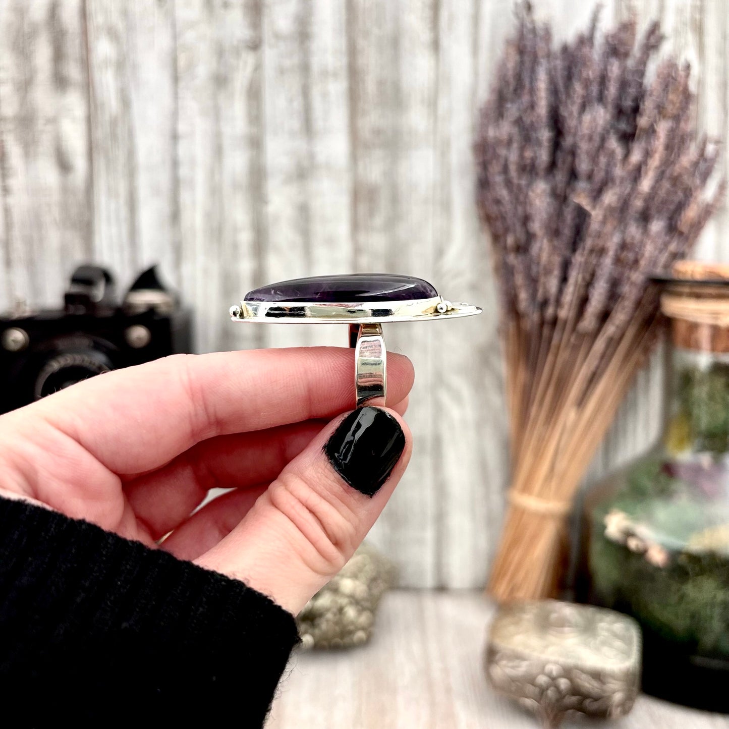 Purple Amethyst Ring Sterling Silver | Big Witchy Crystal Jewelry | Magic Moon | Adjustable Statement Ring 6-10 Gothic Gemstone Jewelry
