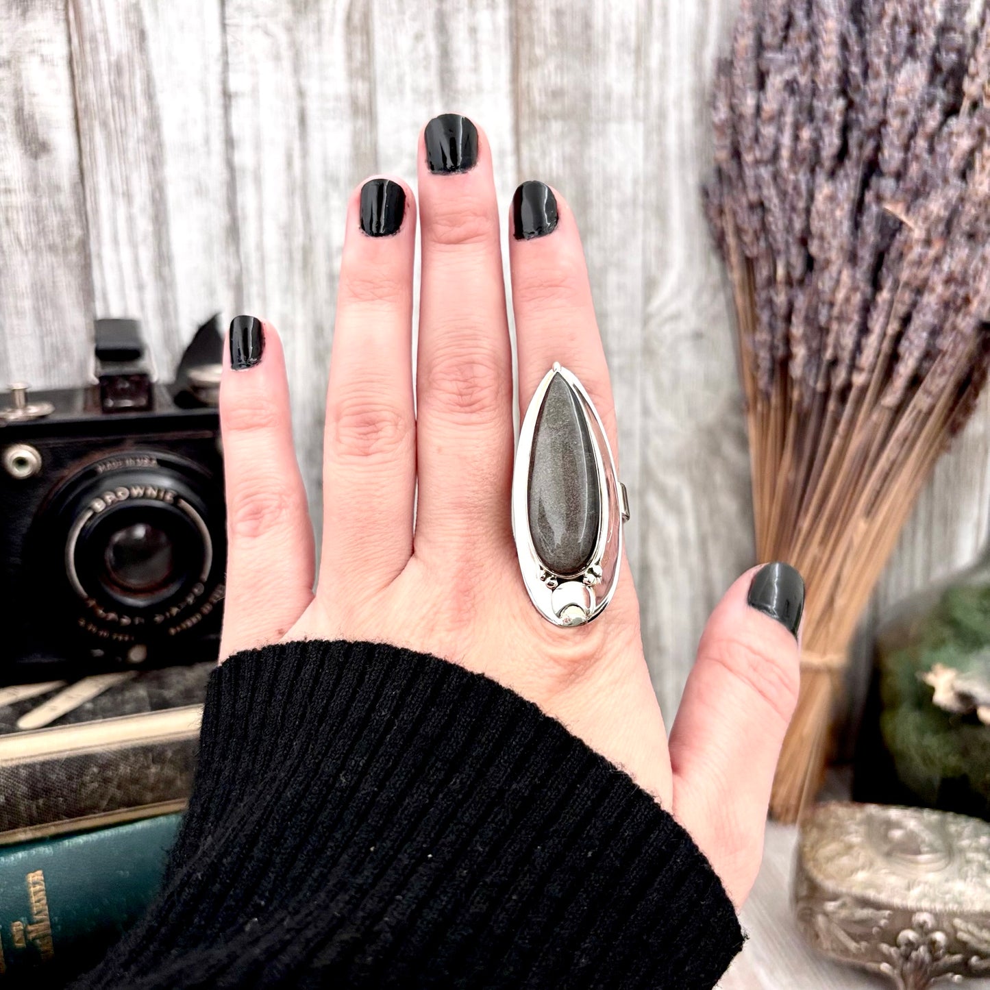 Silver Sheen Obsidian Ring Sterling Silver / Magic Moon Designed by FOXLARK Adjustable Size 6 7 8 9 10