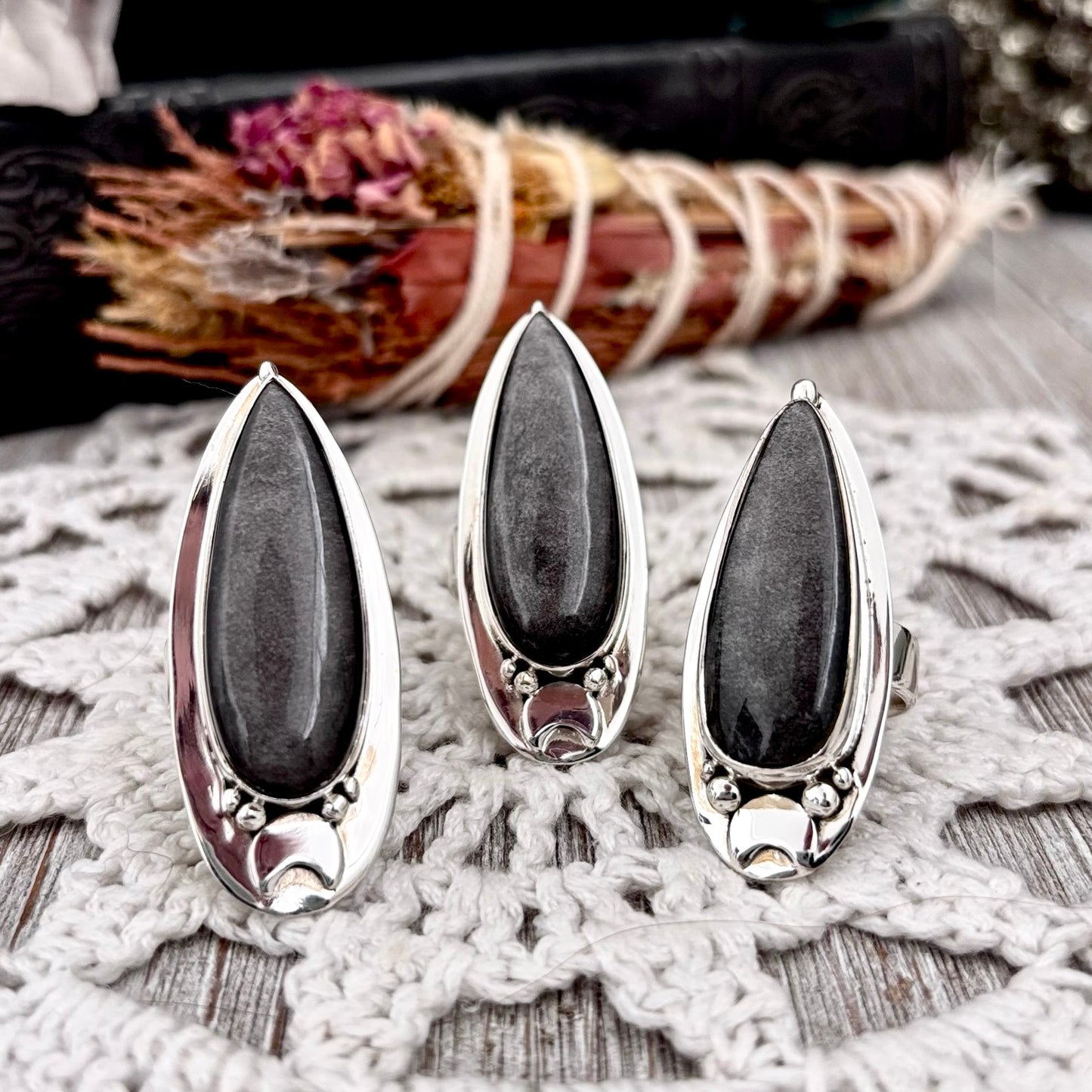 Silver Sheen Obsidian Ring Sterling Silver / Magic Moon Designed by FOXLARK Adjustable Size 6 7 8 9 10