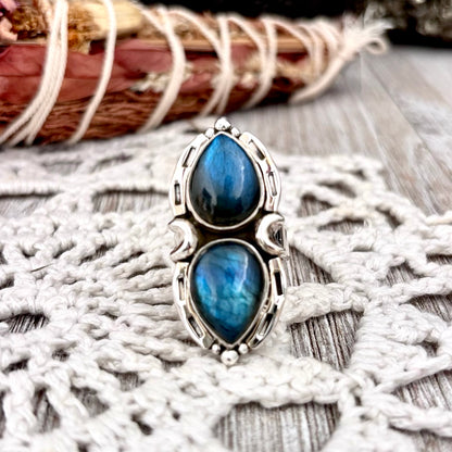 Mystic Moons Labradorite Crystal Ring Sterling Silver Designed FOXLARK Collection Adjustable Ring Size Range 6-9 / Crystal Witchy Jewelry
