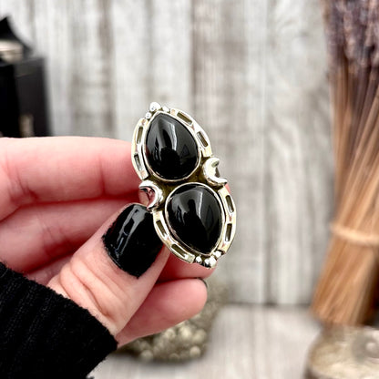 Mystic Moons Black Onyx Crystal Ring in Solid Sterling Silver- Designed by FOXLARK Collection Size Adjustable from 6 - 9 / Gothic Jewelry
