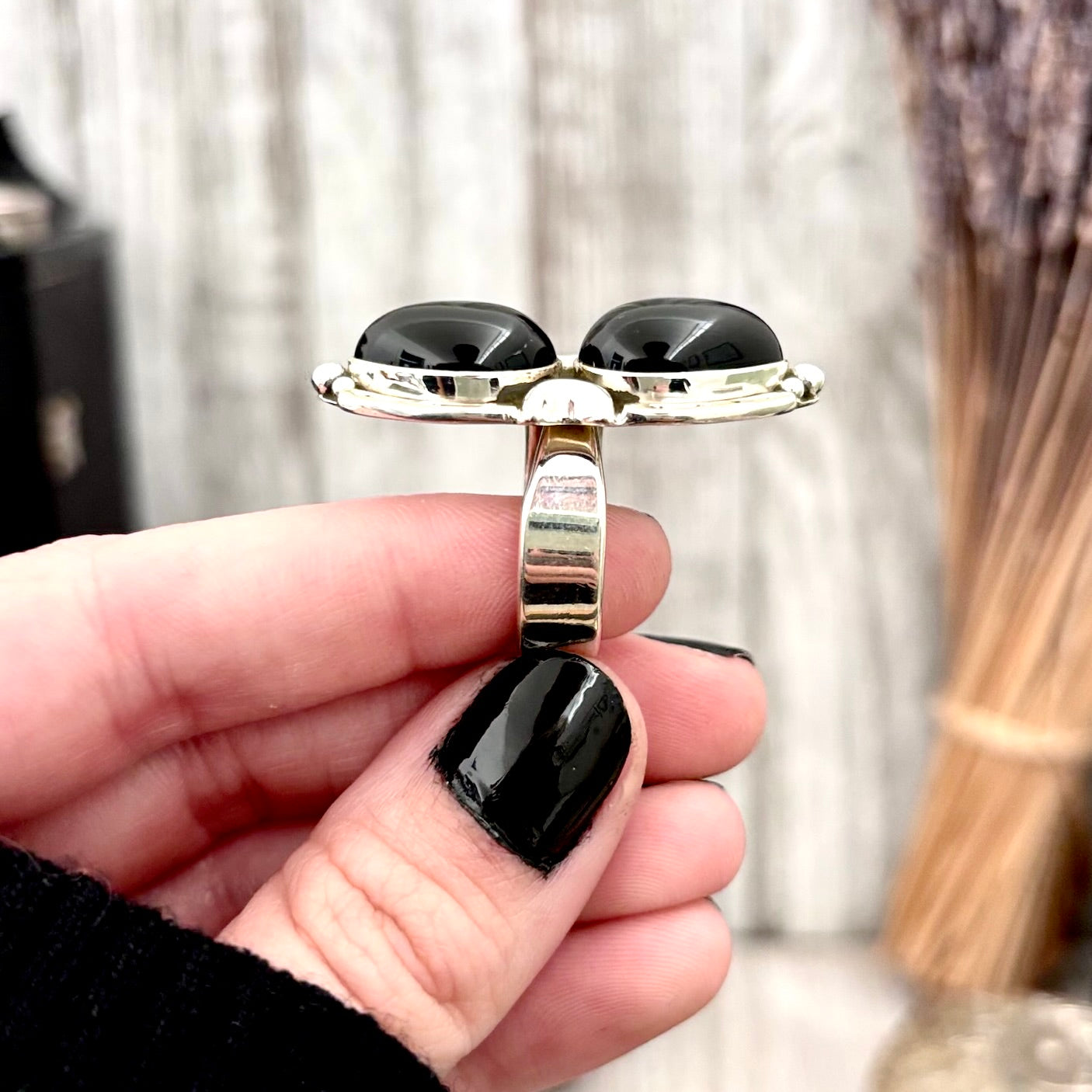 Mystic Moons Black Onyx Crystal Ring in Solid Sterling Silver- Designed by FOXLARK Collection Size Adjustable from 6 - 9 / Gothic Jewelry