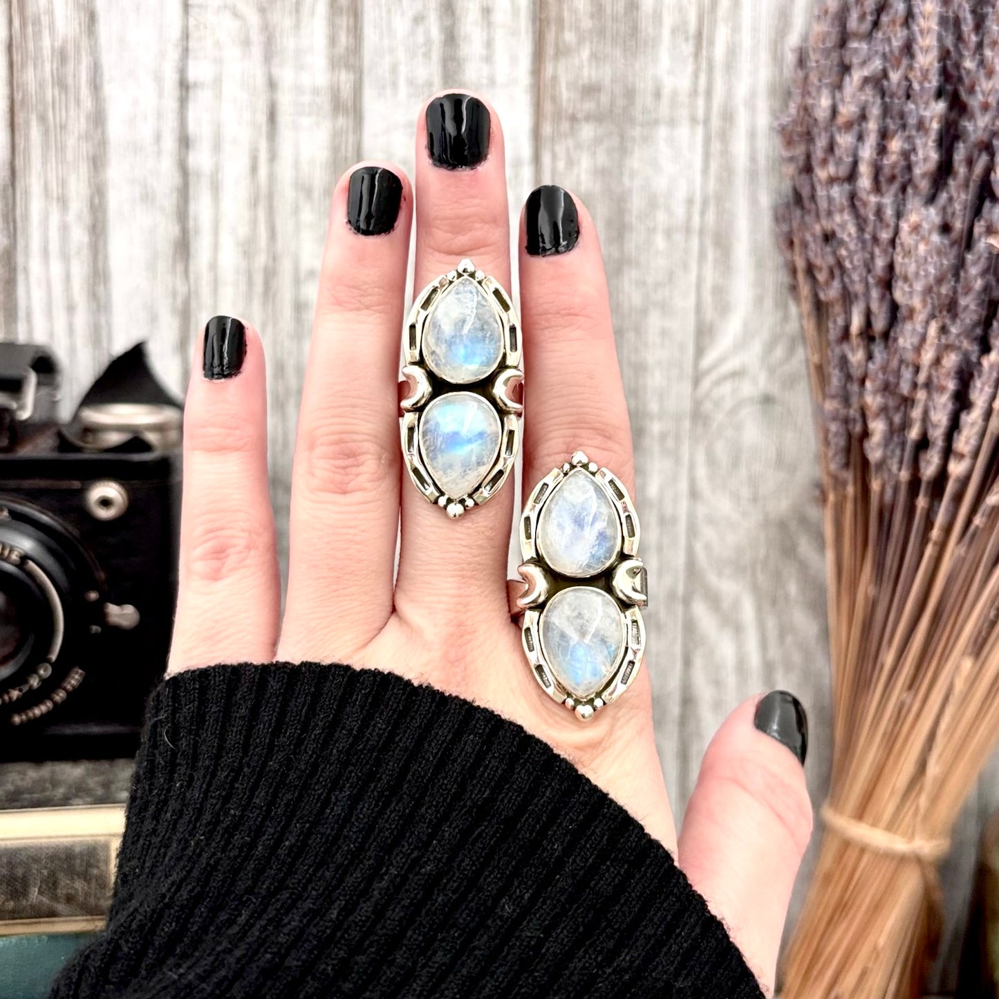 Mystic Moons Rainbow Moonstone Crystal Ring in Solid Sterling Silver- Designed by FOXLARK Collection Adjustable Ring Size Range 6-9