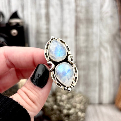 Mystic Moons Rainbow Moonstone Crystal Ring in Solid Sterling Silver- Designed by FOXLARK Collection Adjustable Ring Size Range 6-9