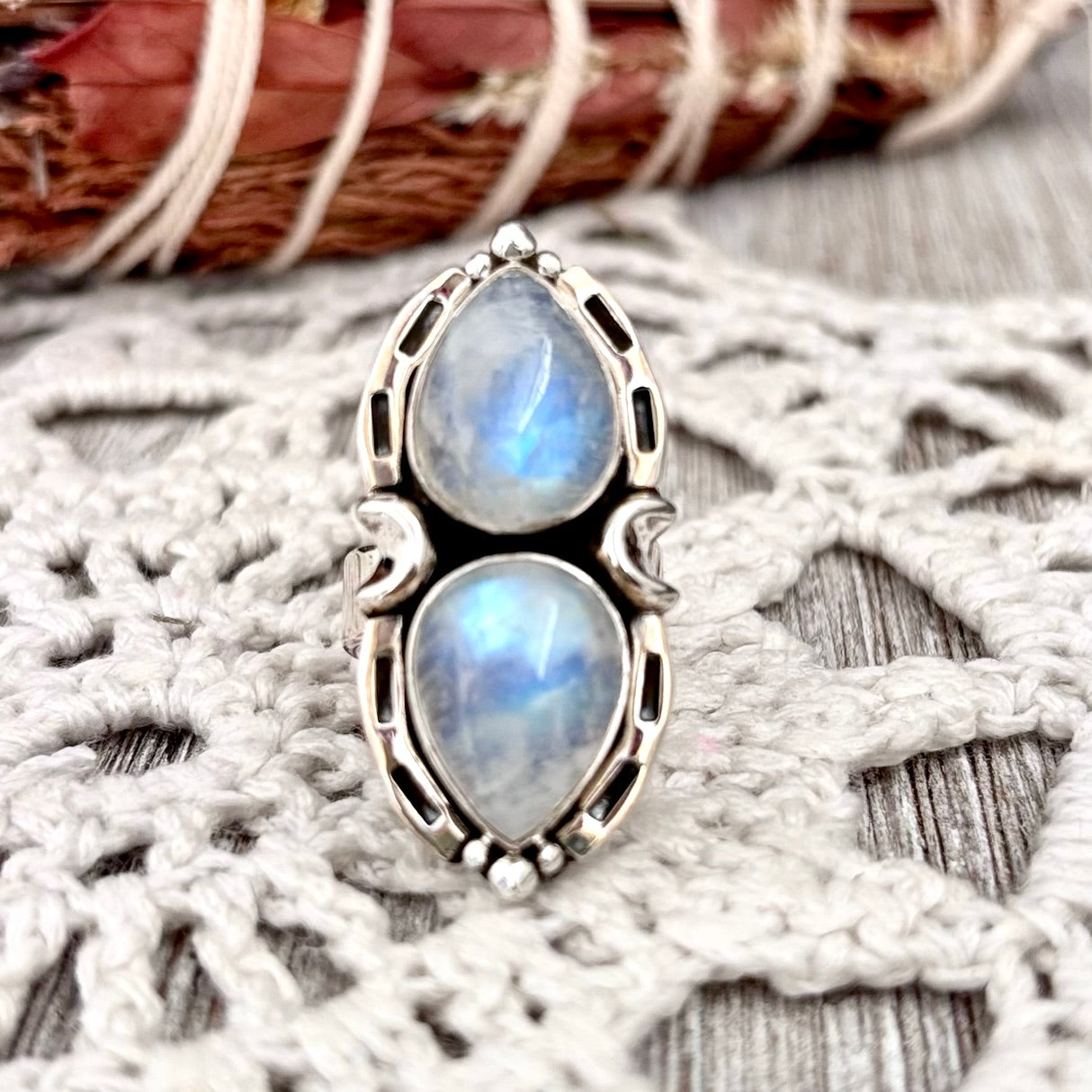 Mystic Moons Rainbow Moonstone Crystal Ring in Solid Sterling Silver- Designed by FOXLARK Collection Adjustable Ring Size Range 6-9