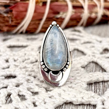 Midnight Moon Rainbow Moonstone Crystal Ring in Sterling Silver- Designed by FOXLARK Collection Adjustable to Size 6 7 8 9
