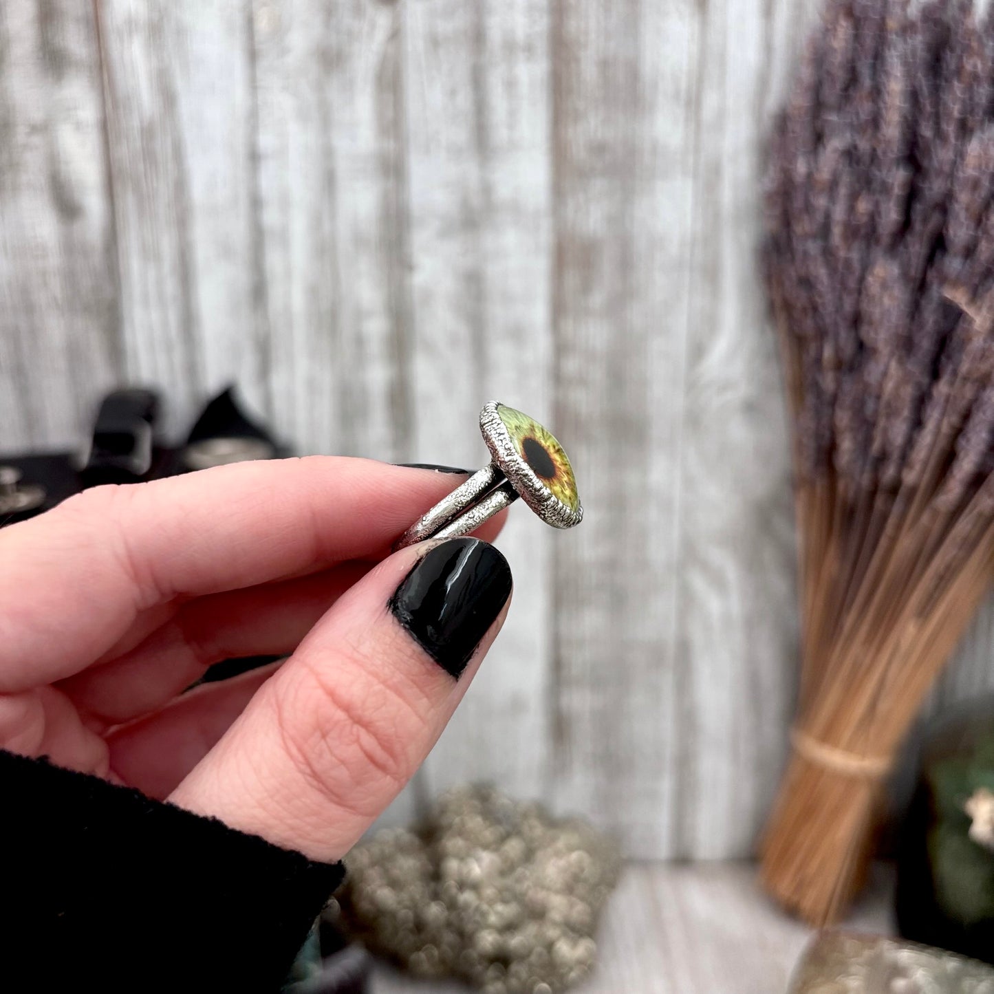 Green Eyeball Fine Silver Ring Size 5 6 7 8 9 10 / Foxlark Collection