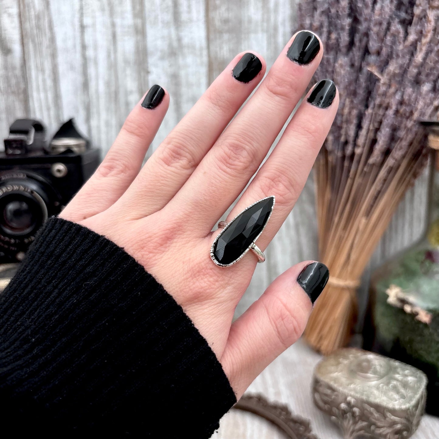 Black Onyx Ring Fine Silver Small faceted Stone Ring Size 5 6 7 8 9 10 11 / Foxlark Collection