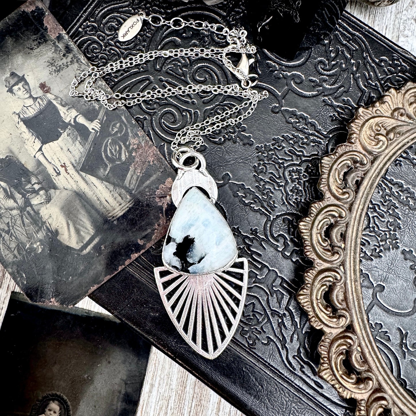 Moss & Moon Collection - Rainbow Moonstone With Black Tourmaline Statement Necklace in Fine Silver / One of a Kind
