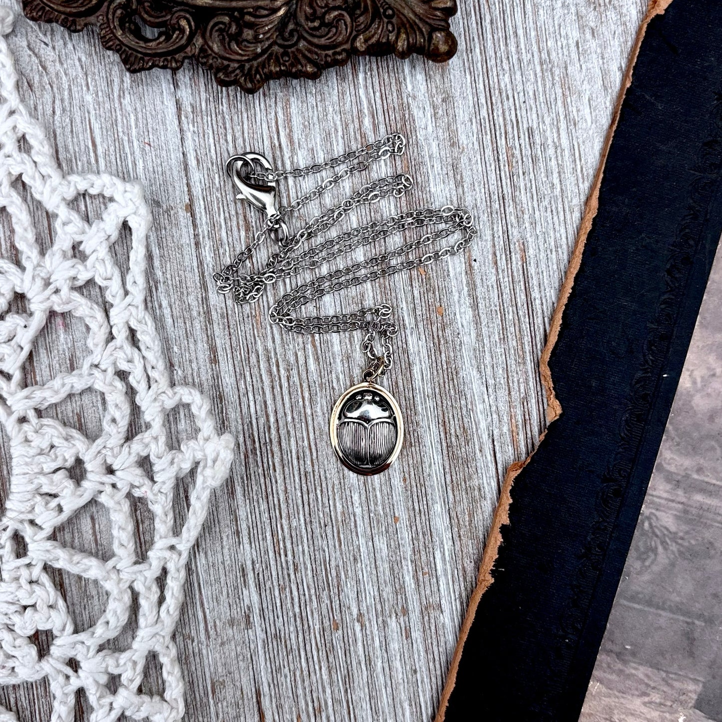 Tiny Talisman Collection - Sterling Silver Gold Scarab Necklace Pendant  /