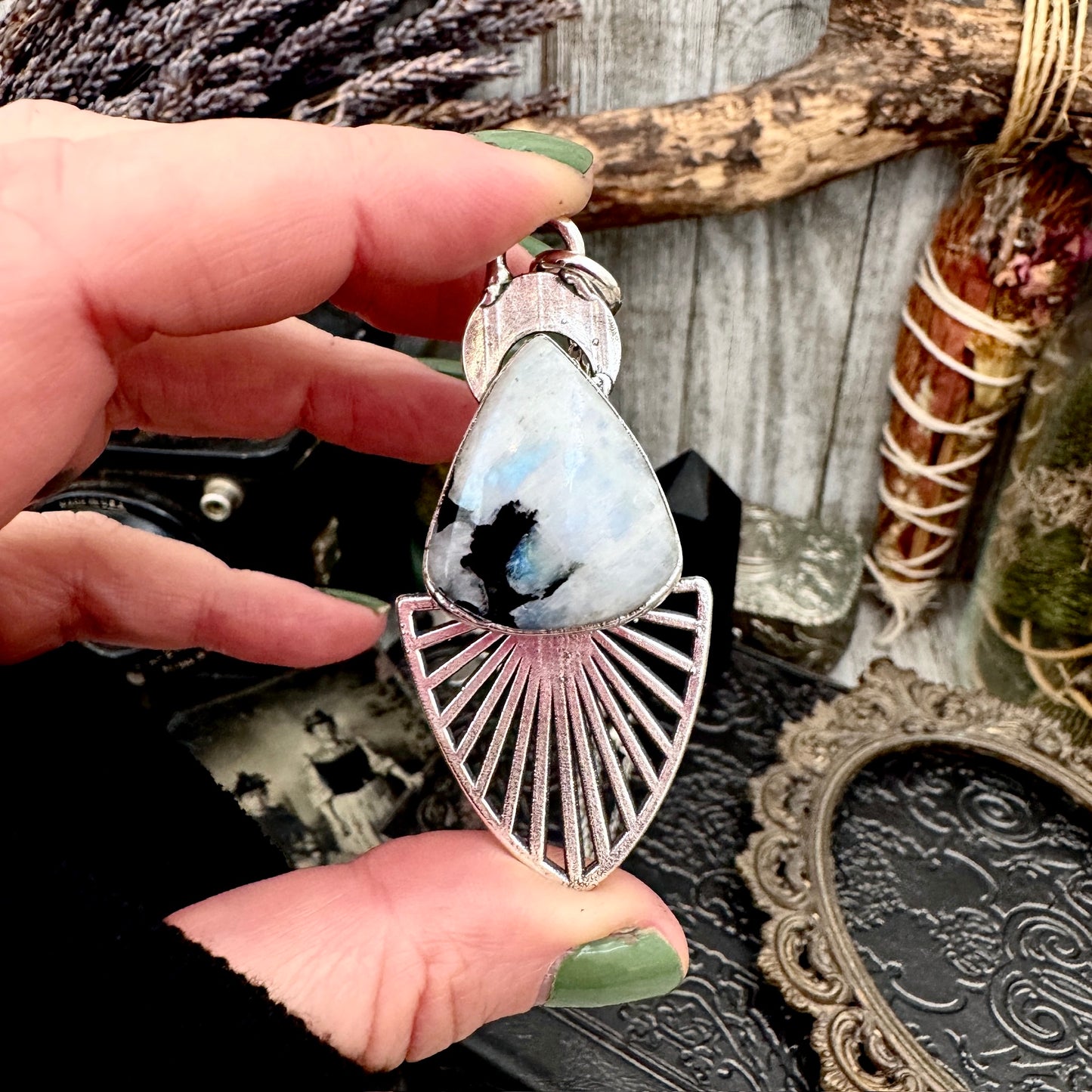 Moss & Moon Collection - Rainbow Moonstone With Black Tourmaline Statement Necklace in Fine Silver / One of a Kind