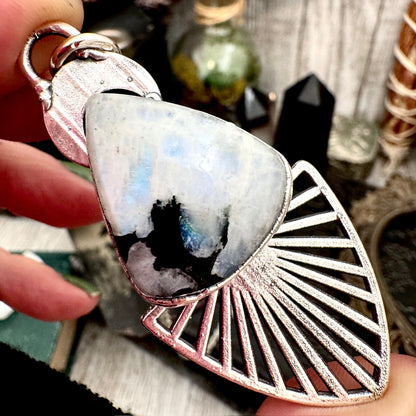 Moss & Moon Collection - Rainbow Moonstone With Black Tourmaline Statement Necklace in Fine Silver / One of a Kind