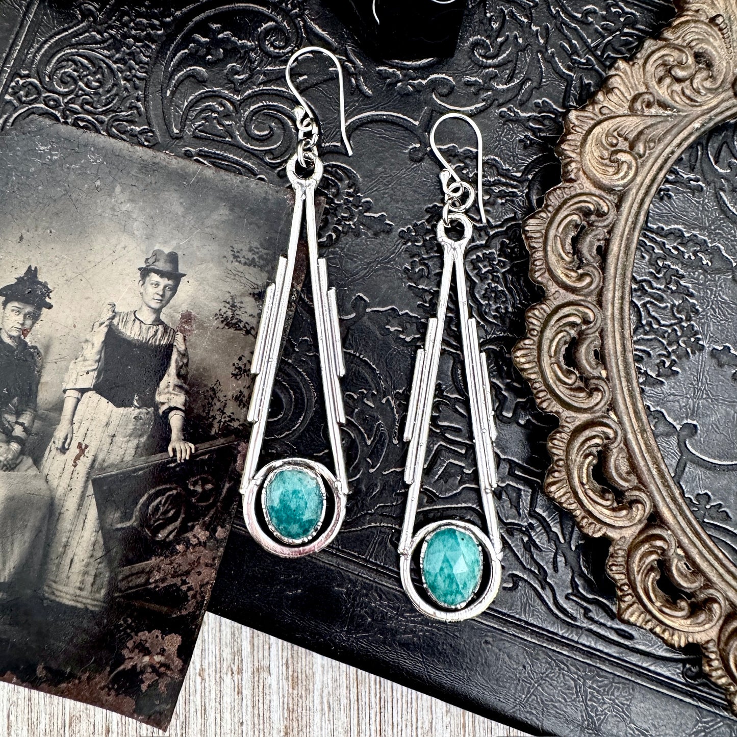 Amazonite Fine Silver Crystal Dangle Earrings / Long Dangle Witchy Earrings