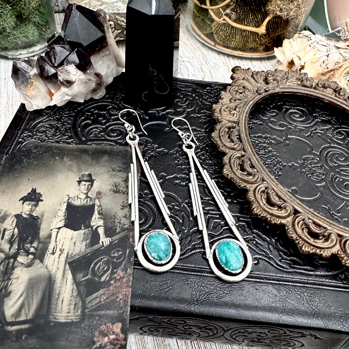 Amazonite Fine Silver Crystal Dangle Earrings / Long Dangle Witchy Earrings