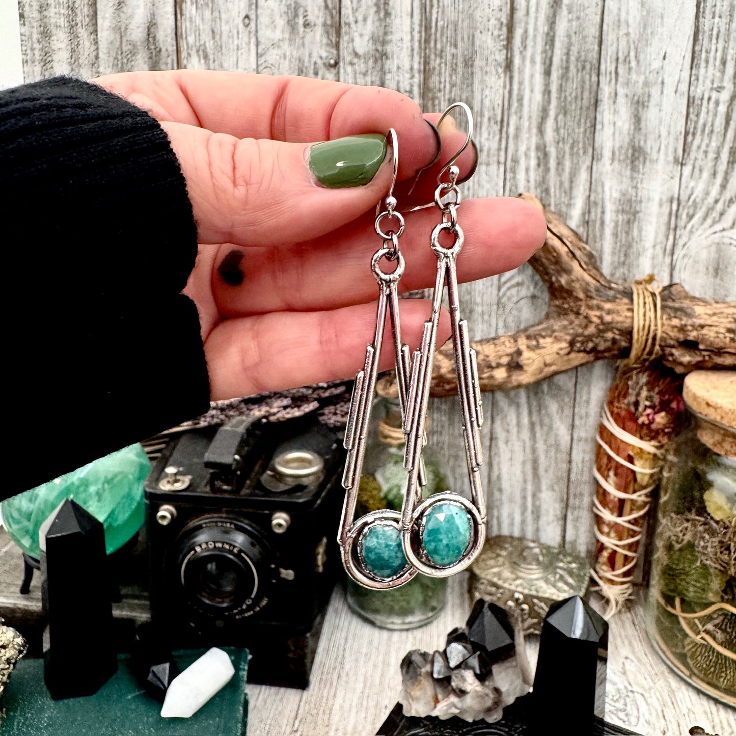 Amazonite Fine Silver Crystal Dangle Earrings / Long Dangle Witchy Earrings