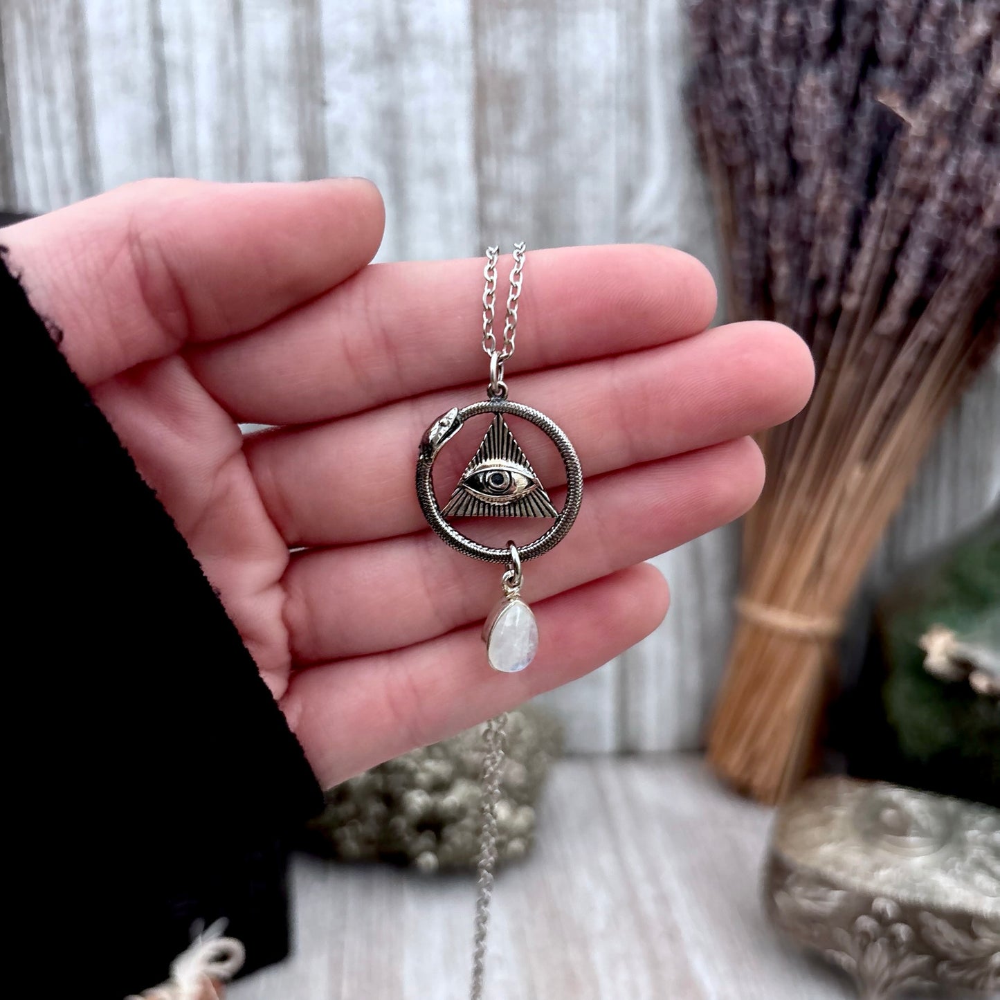 Ouroboros Evil Eye Rainbow Moonstone Talisman Necklace / Talisman Collection-Sterling Silver