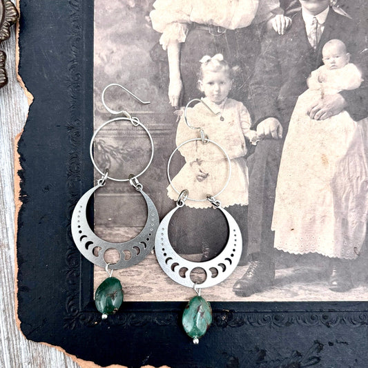 Stainless Steel Moon Phases Turquoise Hoop Earrings / Long Dangle Earrings