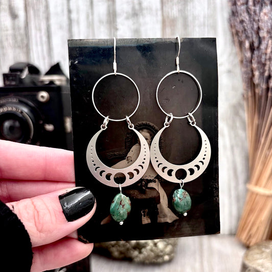 Stainless Steel Moon Phases Turquoise Hoop Earrings / Long Dangle Earrings