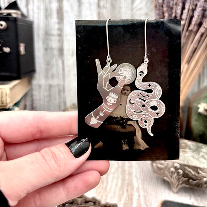 Stainless Steel Celestial Snake and Hand Earrings / Long Dangle Earrings