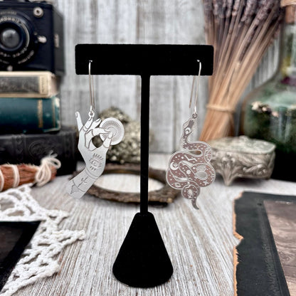 Stainless Steel Celestial Snake and Hand Earrings / Long Dangle Earrings