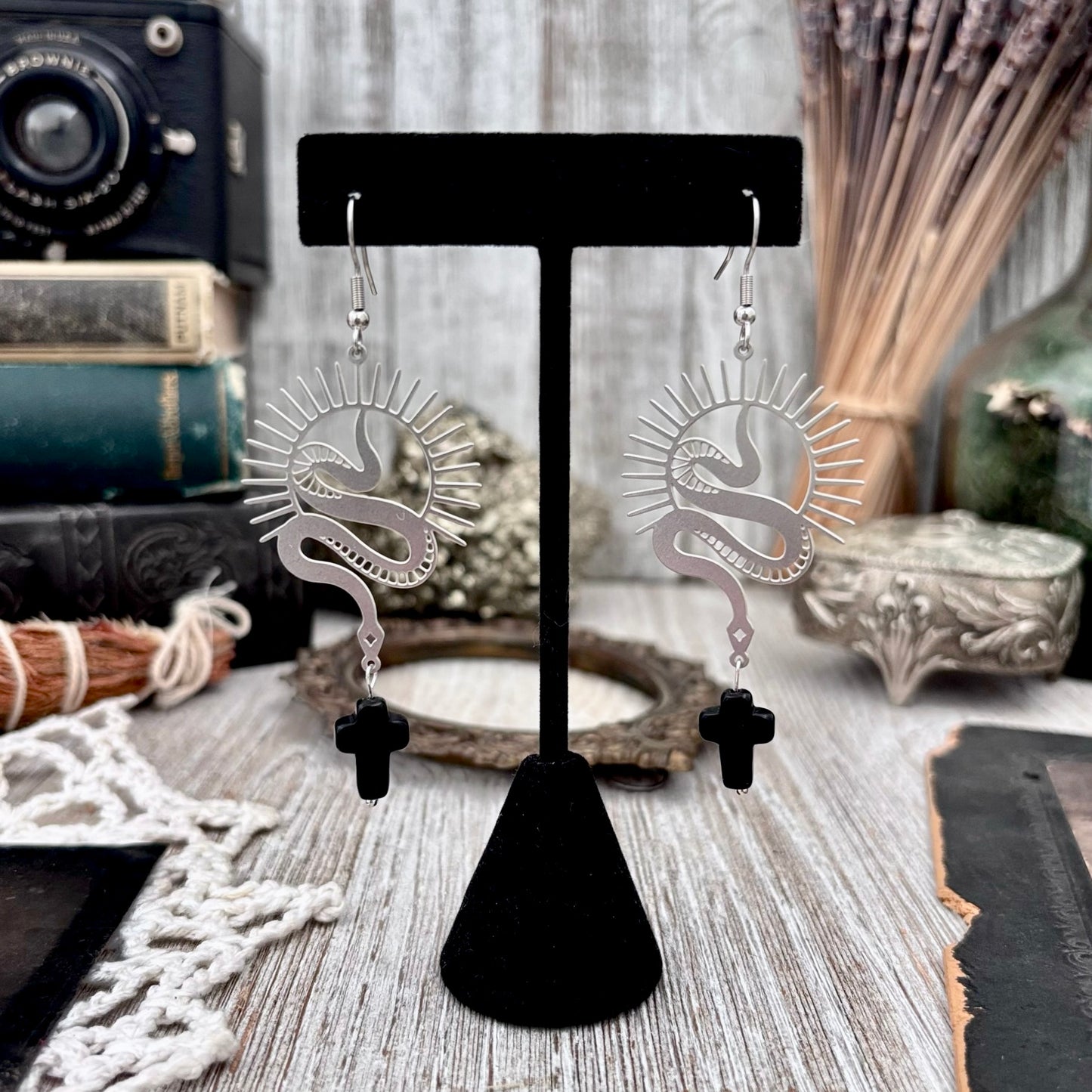 Stainless Steel Snake and Black Cross Earrings / Long Dangle Earrings