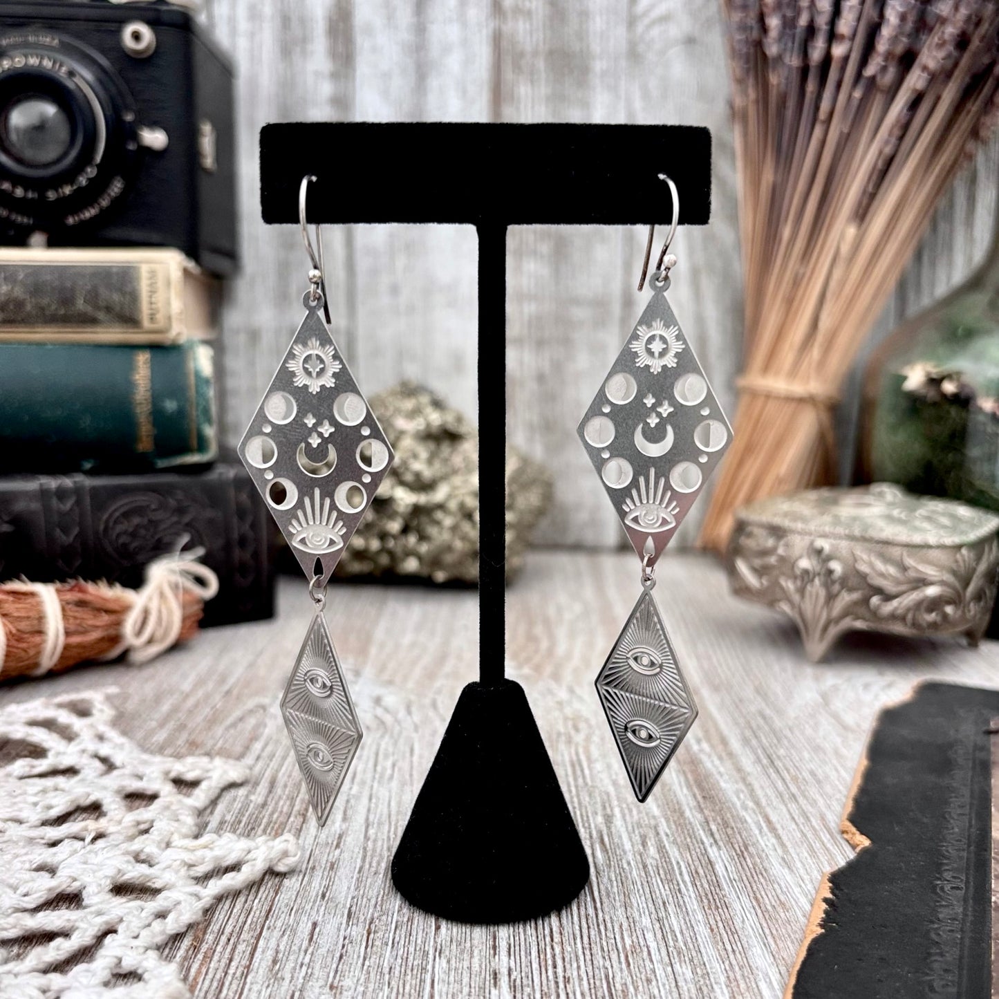 Stainless Steel Moon Phases All Seeing Eye Earrings / Long Dangle Earrings