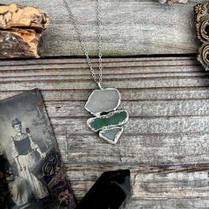 Three Stone Green and Clear Sea Glass Necklace in Fine Silver / Foxlark Collection