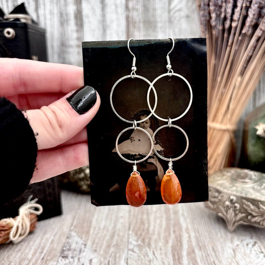 Stainless Steel Carnelian Hoop Earrings / Long Dangle Earrings