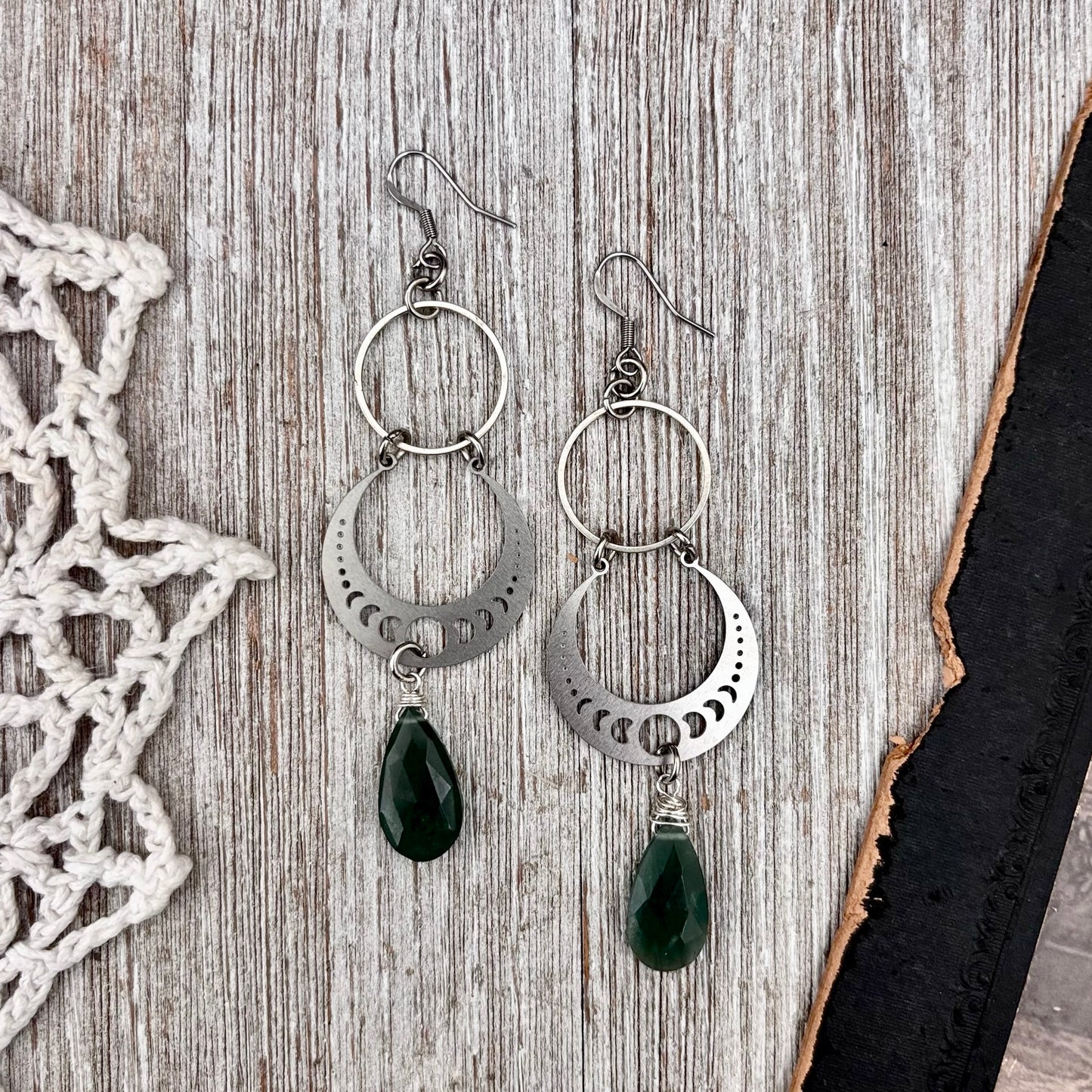 Stainless Steel Serpentine Moon Phases Hoop Earrings / Long Dangle Earrings