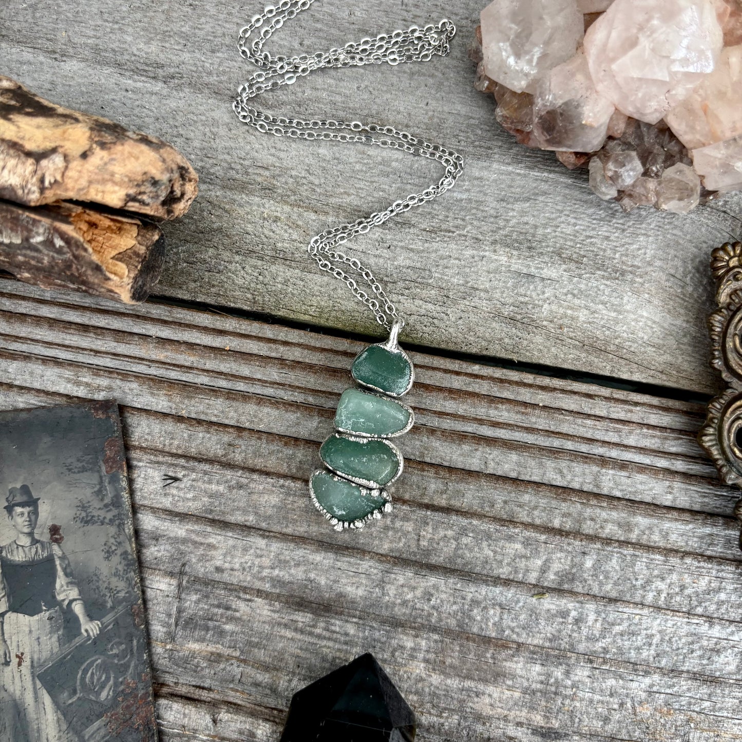 Four Stone Aventurine Necklace in Fine Silver / Foxlark Collection