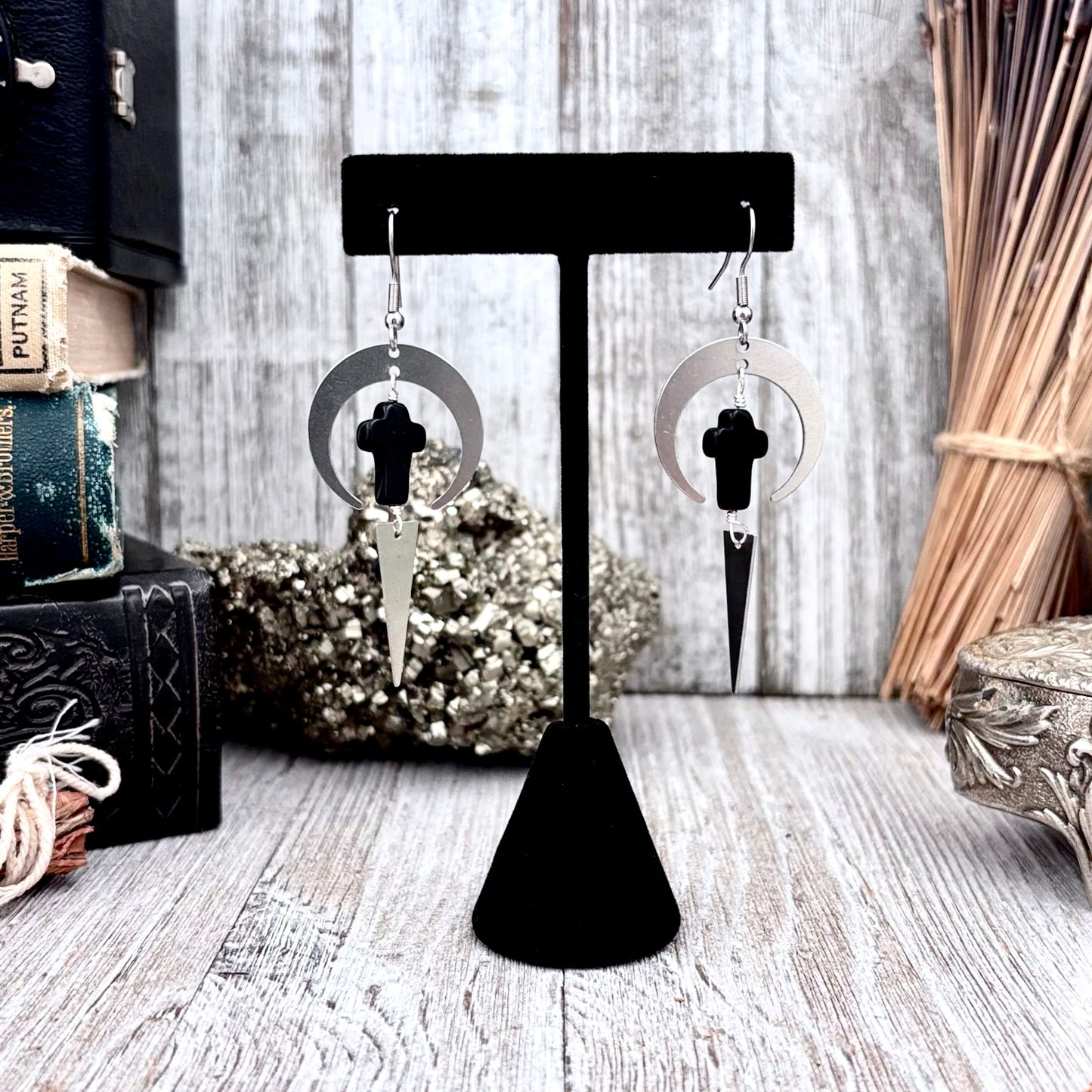 Stainless Steel Black Cross Earrings / Long Dangle Earrings