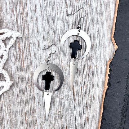Stainless Steel Black Cross Earrings / Long Dangle Earrings
