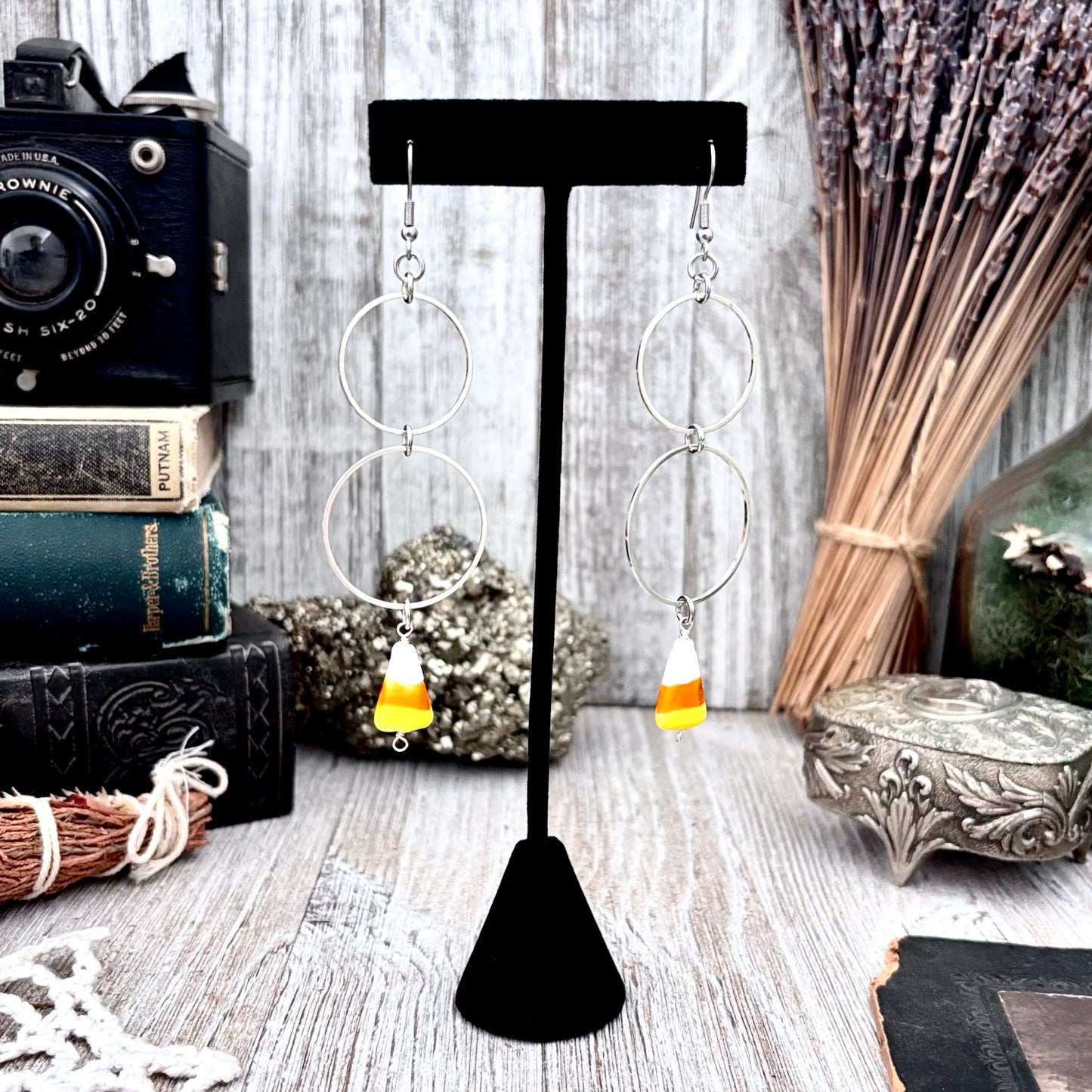 Stainless Steel Candy Corn Hoop Earrings / Long Dangle Earrings