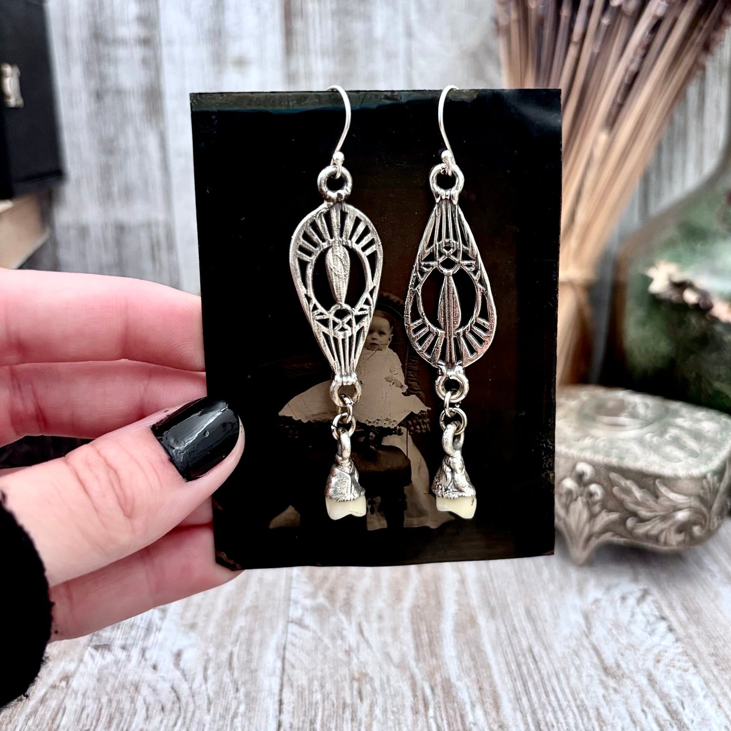 Sterling Silver Dangle Tooth Earrings / Long Dangle Witchy Earrings