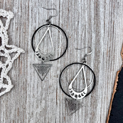 Stainless Steel All Seeing Eye Moon Phases Hoop Earrings / Long Dangle Earrings