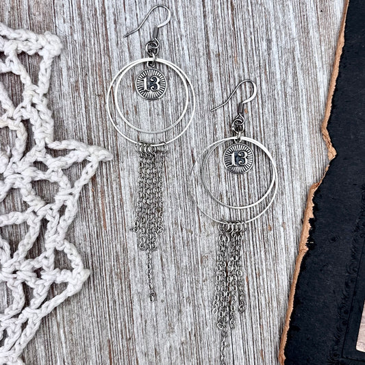 Sterling Silver Thirteen Hoop Fringe Earrings / Long Dangle Witchy Earrings