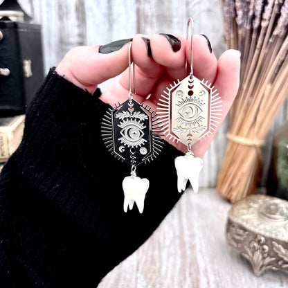 Stainless Steel All Seeing Eye Tooth Earrings / Long Dangle Earrings