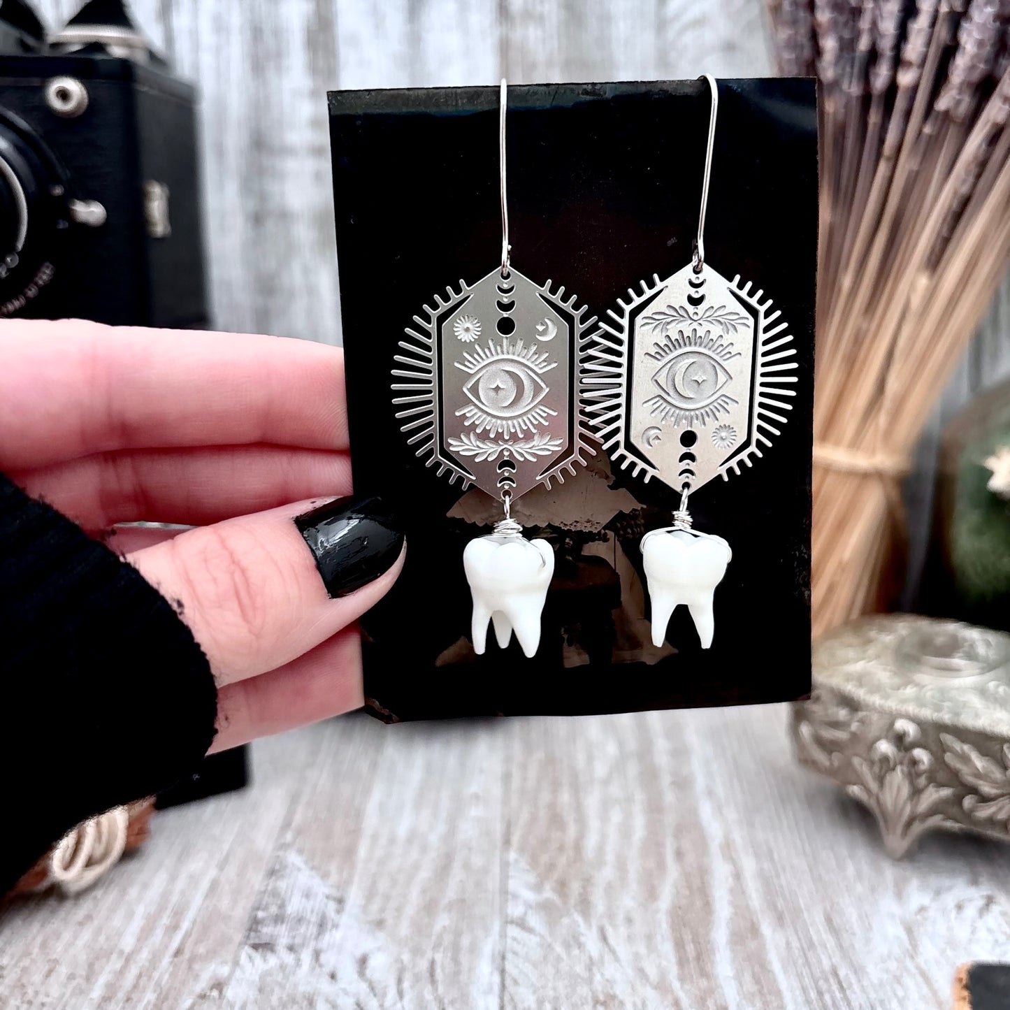 Stainless Steel All Seeing Eye Tooth Earrings / Long Dangle Earrings