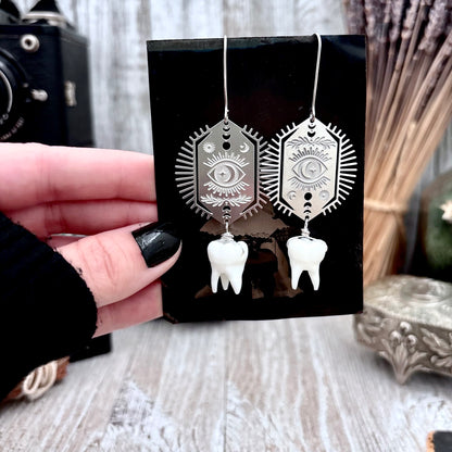 Stainless Steel All Seeing Eye Tooth Earrings / Long Dangle Earrings