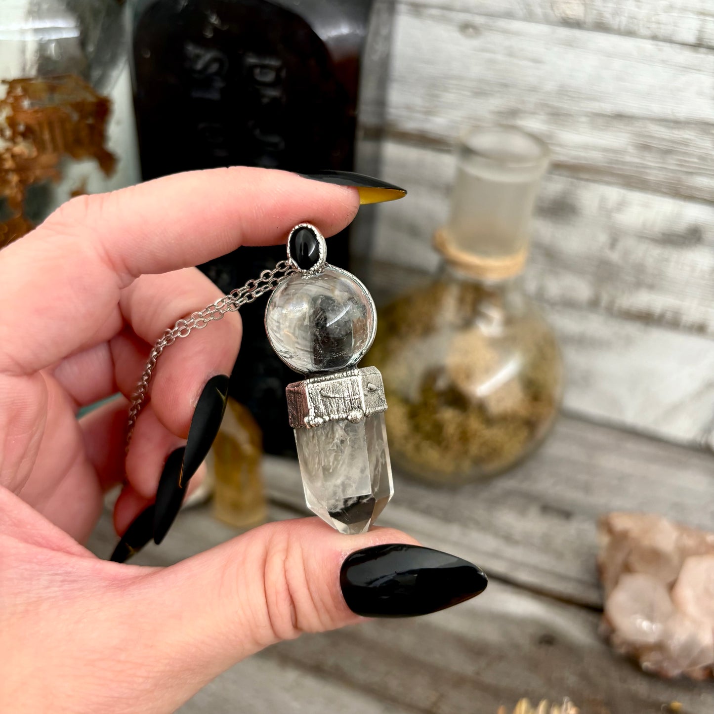 Crystal Necklace - Clear Quartz Ball, Garden Quartz Point and Black Onyx set in Fine Silver / One of a Kind - by Foxlark