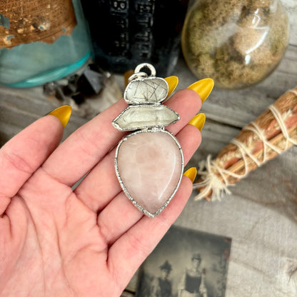 Three Stone Necklace Rose Quartz Clear Quartz Tourmaline Quartz Silver / Foxlark Collection